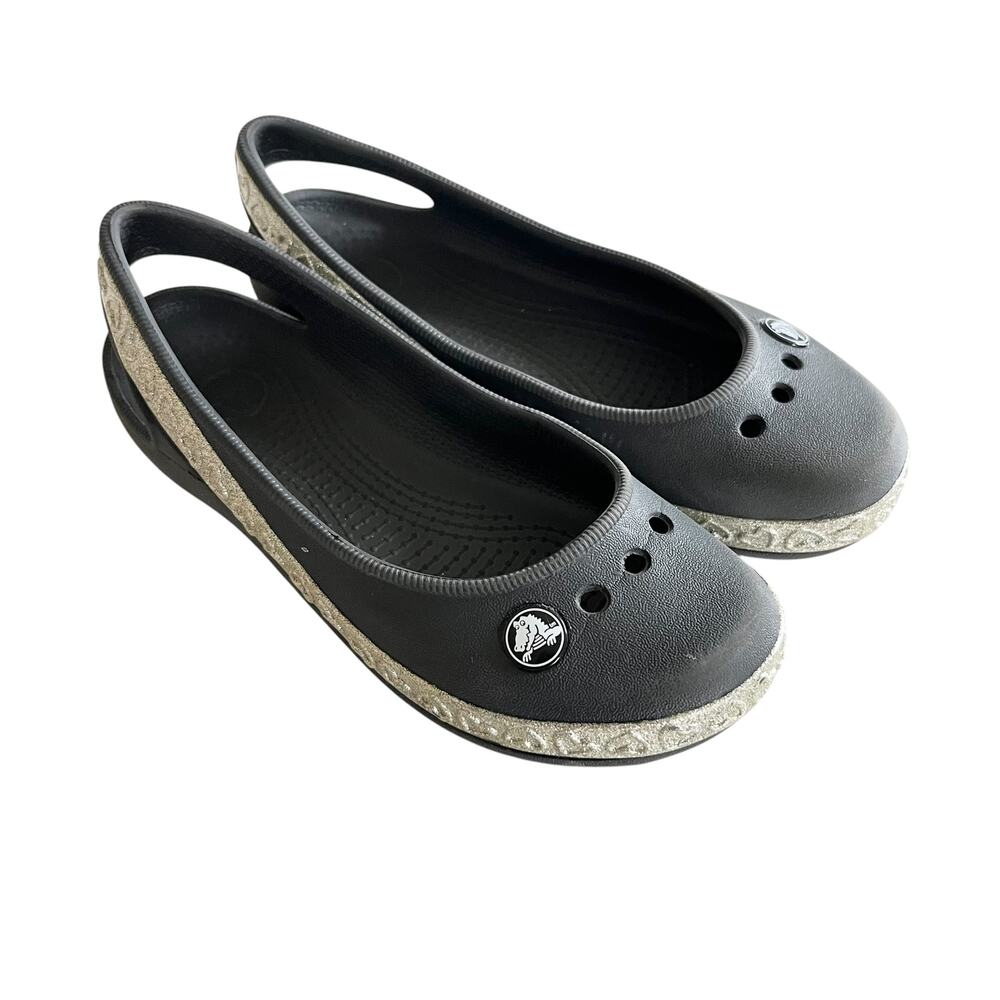 Crocs Girls Black Gold Trim Slip On Ballet Shoes Slingback Flats size 2